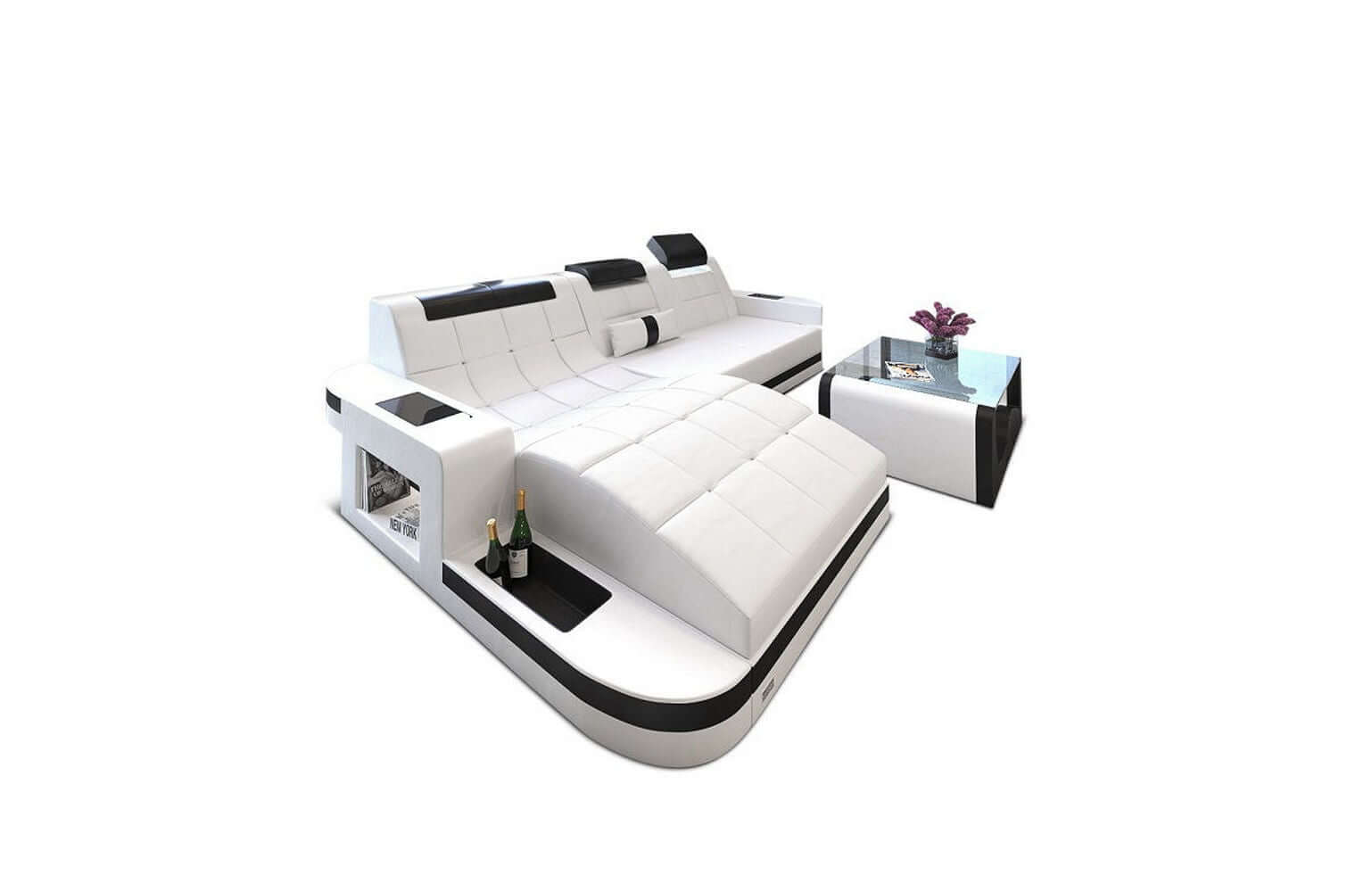 Mini Ecksofa Wave L-Form aus Leder Weiß-Schwarz