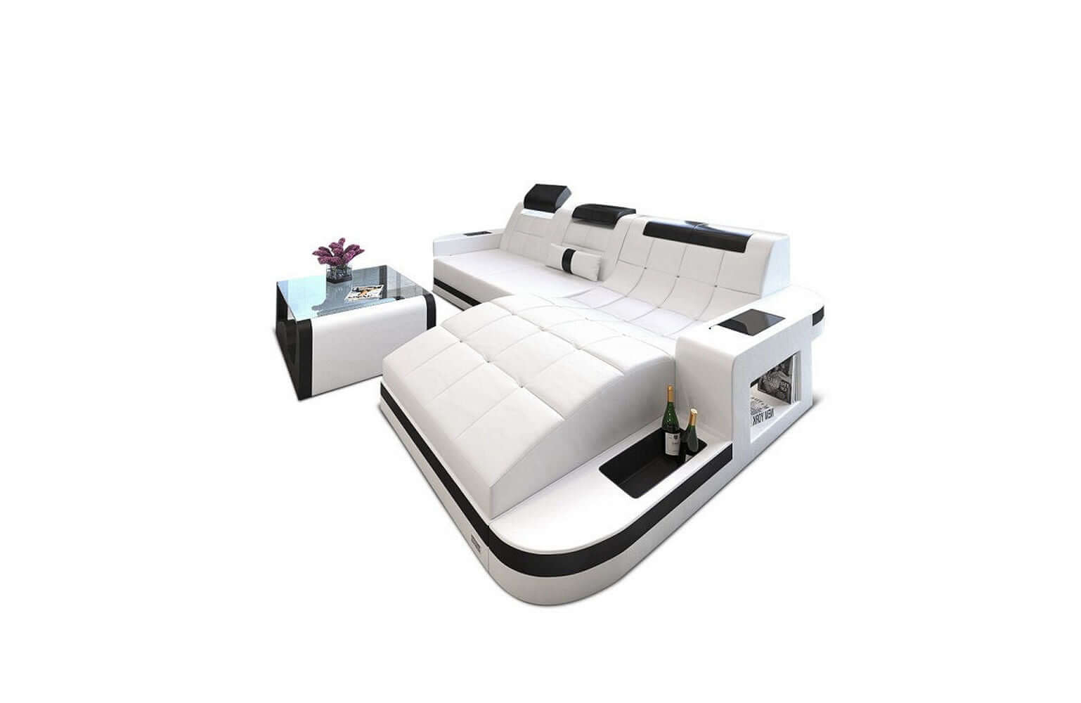 Mini Design Ledersofa Wave L-Form mit LED Weiß-Schwarz