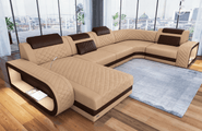 Sofa Wohnlandschaft Berlin U-Form Kunstleder Sandbeige-Dunkelbraun mit USB-Anschluss.