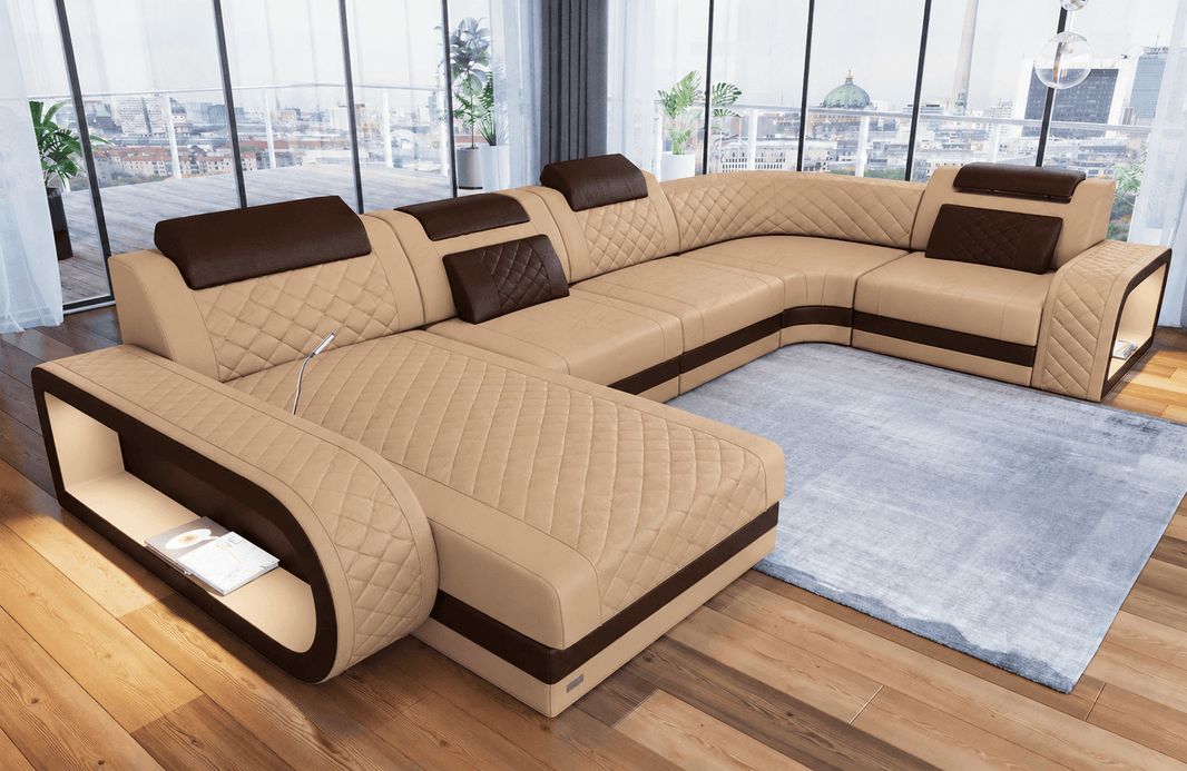 Sofa Wohnlandschaft Berlin U-Form Kunstleder Sandbeige-Dunkelbraun mit USB-Anschluss.