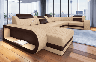 Sofa Wohnlandschaft Berlin U-Form Kunstleder Sandbeige-Dunkelbraun mit USB-Anschluss.