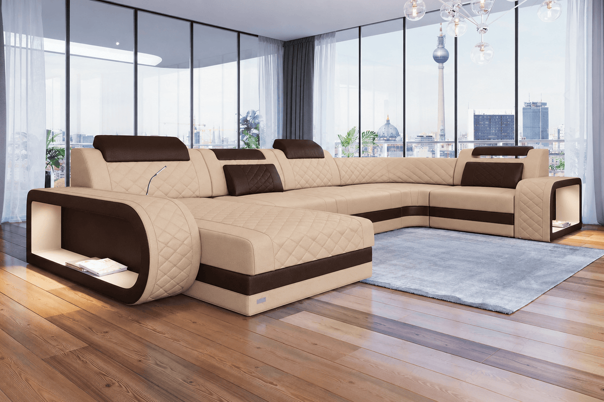 Sofa Wohnlandschaft Berlin U-Form Kunstleder Sandbeige-Dunkelbraun mit USB-Anschluss.