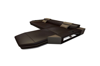 Mini Designersofa Prato L-Form mit LED-Beleuchtung in Dunkelbraun und Sandbeige aus Kunstleder mit Ottomane Rechts