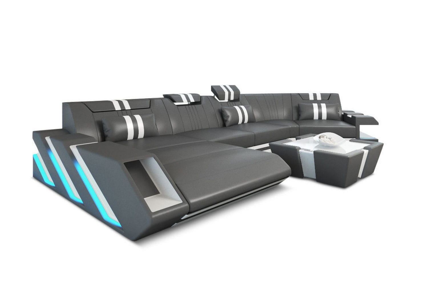 Leder Couch Apollonia C grau-weiß