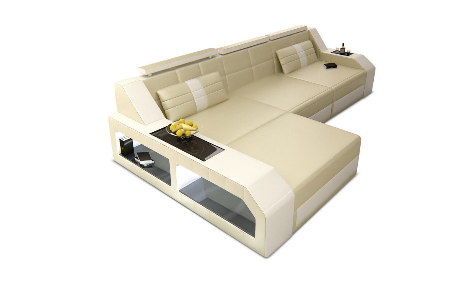 Design Ledersofa Arezzo L-Form mit LED beige-weiß