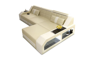 Design Ledersofa Arezzo L-Form mit LED in Kunstleder und der Farbe Beige und Weiß - Ausrichtung rechts