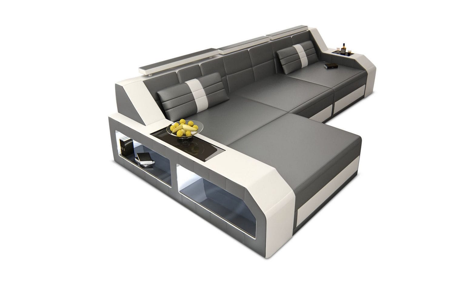 Design Ledersofa Arezzo L-Form mit LED grau-weiß