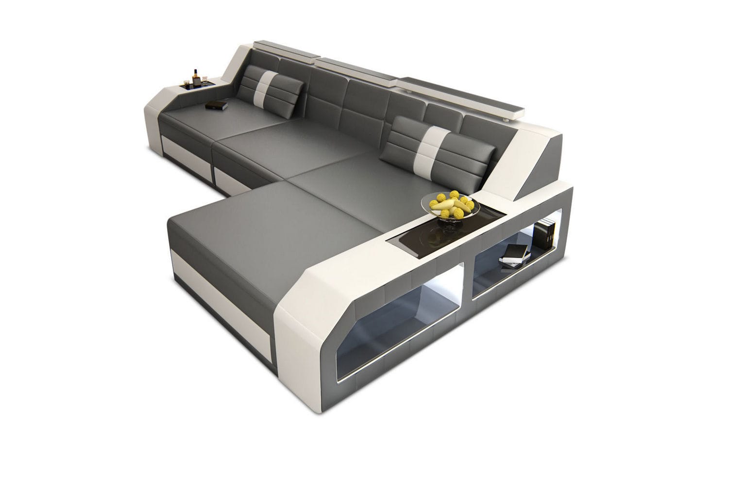 Design Ledersofa Arezzo L-Form mit LED grau-weiß