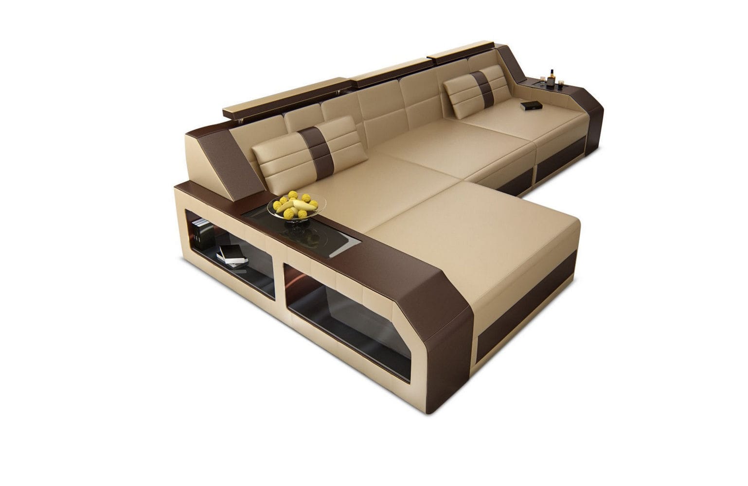 Design Ledersofa Arezzo L-Form mit LED sandbeige-dunkelbraun