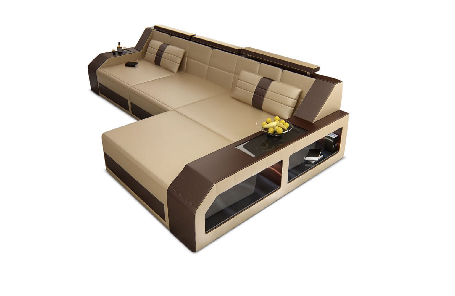 Design Ledersofa Arezzo L-Form mit LED sandbeige-dunkelbraun