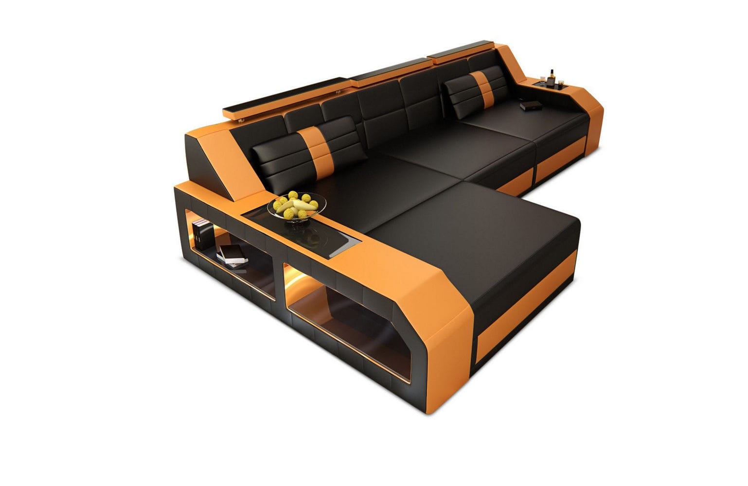 Design Ledersofa Arezzo L-Form mit LED schwarz-orange