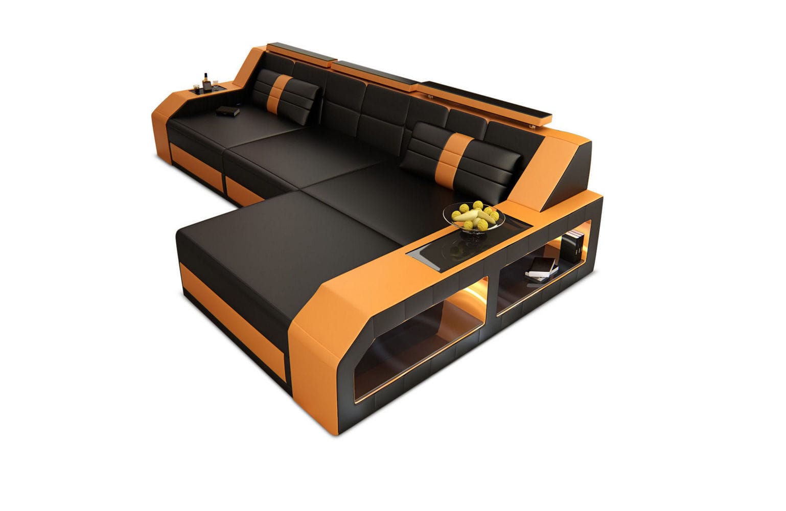 Design Ledersofa Arezzo L-Form mit LED schwarz-orange