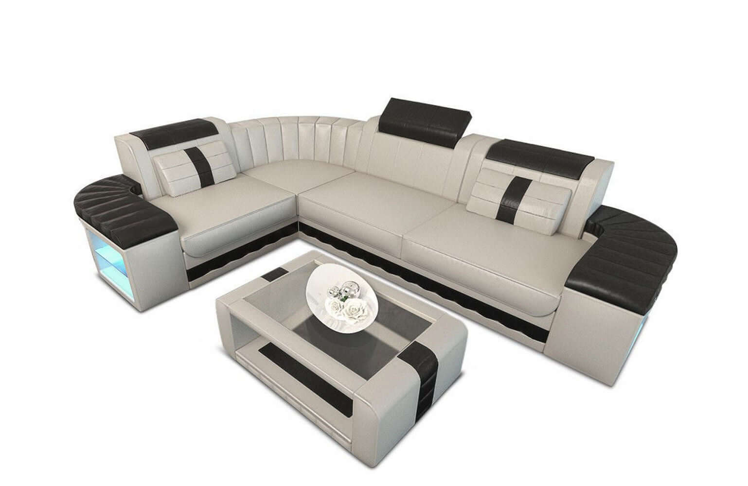 Mini Sofa Bergamo L-Form in Leder Beige-Schwarz