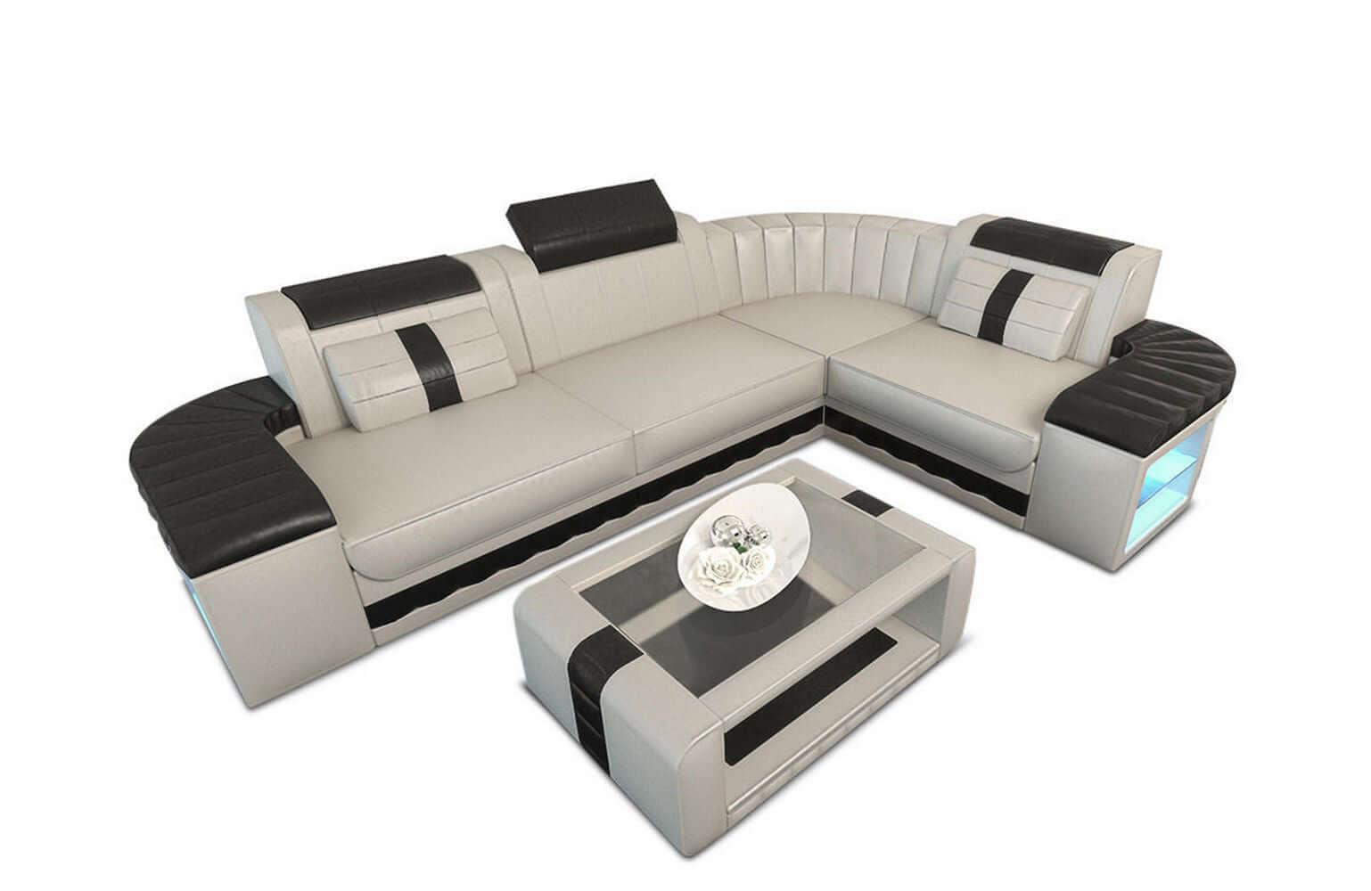 Mini Sofa Bergamo L-Form in Leder Beige-Schwarz