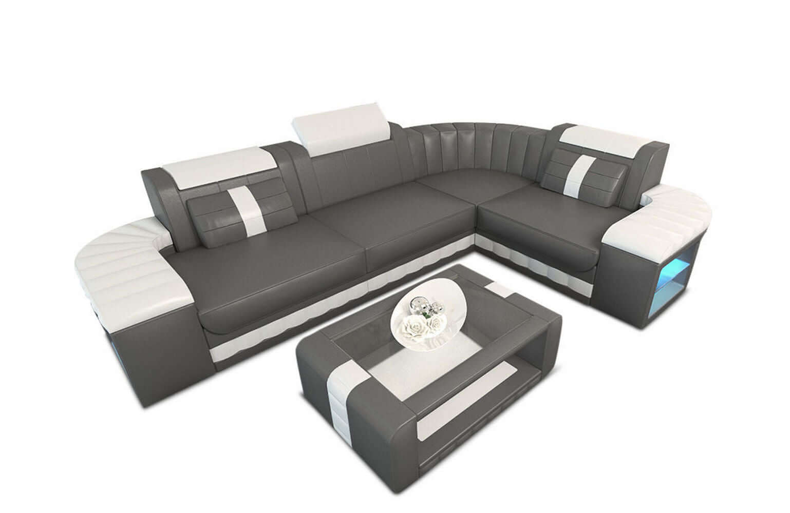 Mini Sofa Bergamo L-Form in Leder grau-weiß