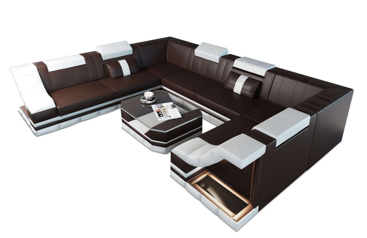 Mini Sofa Bianchi U-Form aus Leder Dunkelbraun-Weiß