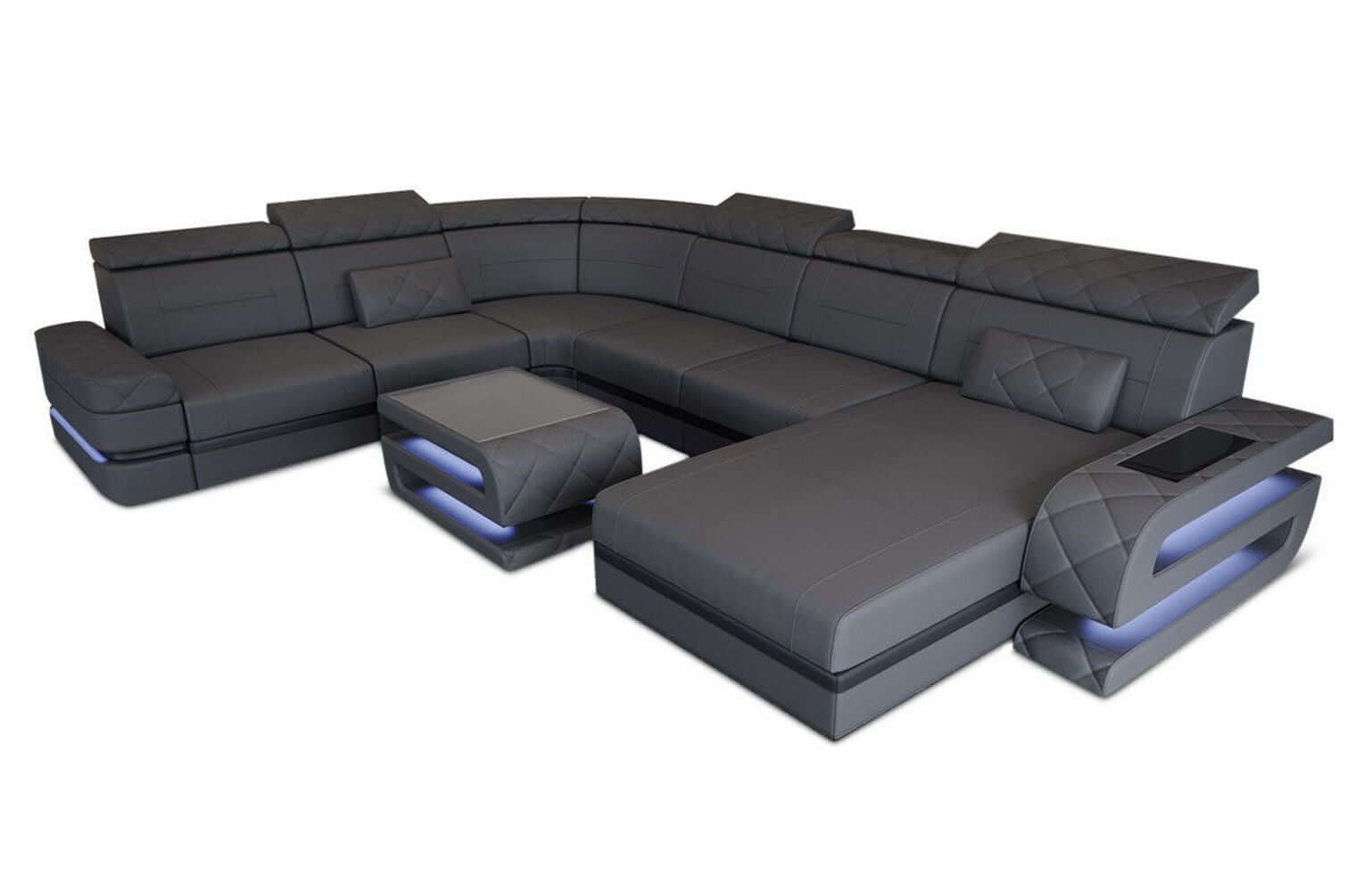 Mini Wohnlandschaft Bologna XXL U-Form in Leder grau-schwarz
