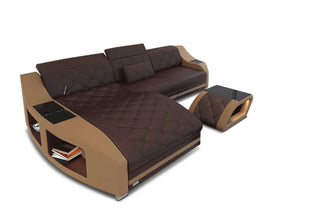 Mini Leder Ecksofa Swing L-Form – Modern & Komfortabel in Kunstleder und der Farbe Dunkelbraun und Sandbeige - Ausrichtung links