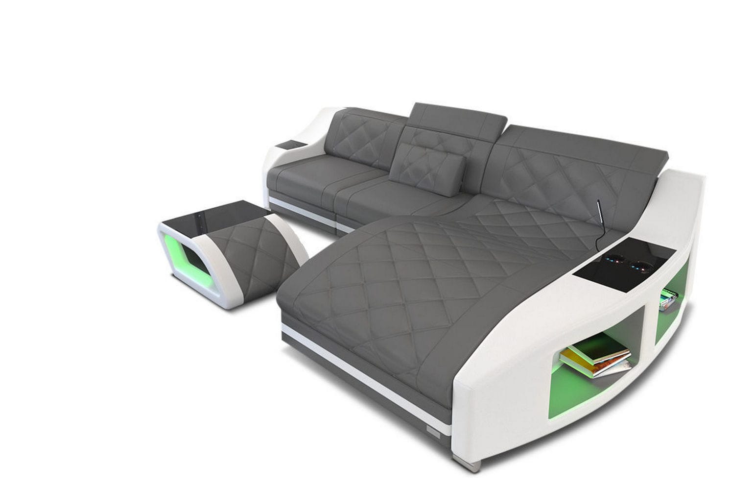 Ecksofa Swing L Form Leder mit LED Beleuchtung grau-weiß