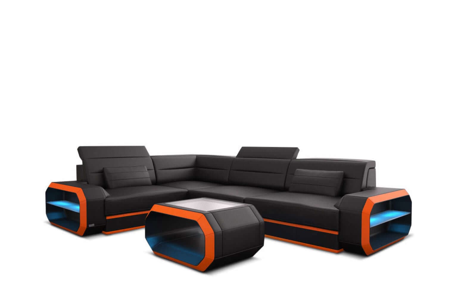 Mini Ledercouch Verona L Form mit LED – Modern und Bequem Schwarz-Orange