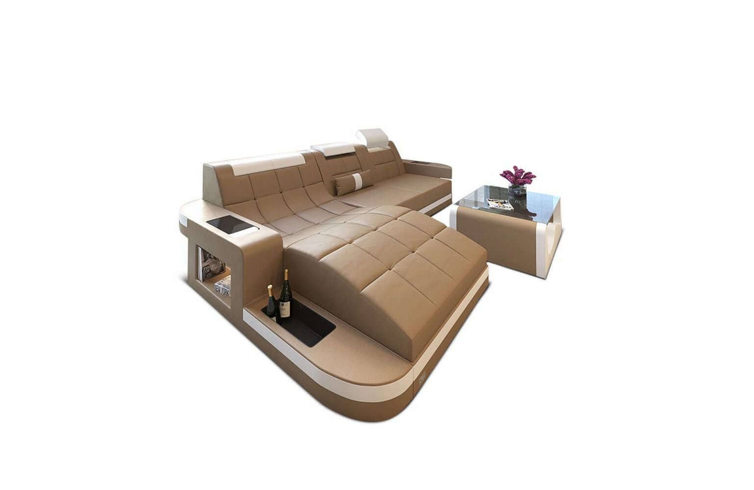 Mini Ecksofa Wave L-Form aus Leder sandbeige-weiß