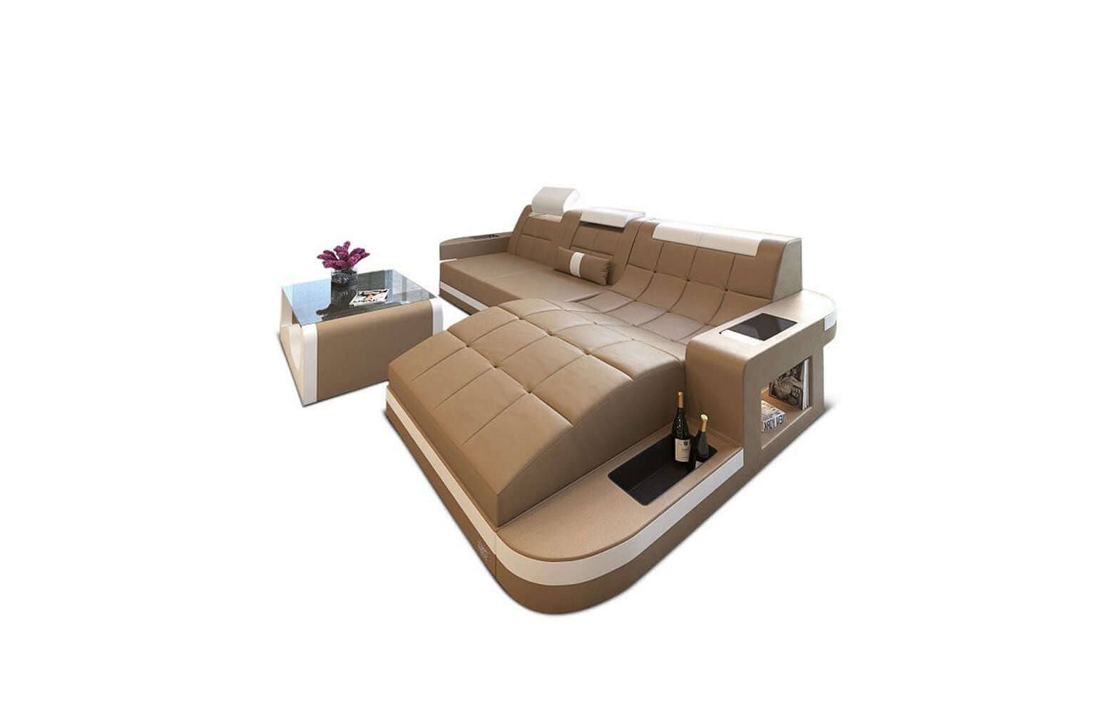 Mini Ecksofa Wave L-Form aus Leder Sandbeige-Weiß