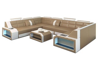 Wohnlandschaft Pesaro U Form Mini aus Leder in Kunstleder und der Farbe Sandbeige und Weiß - Ausrichtung links