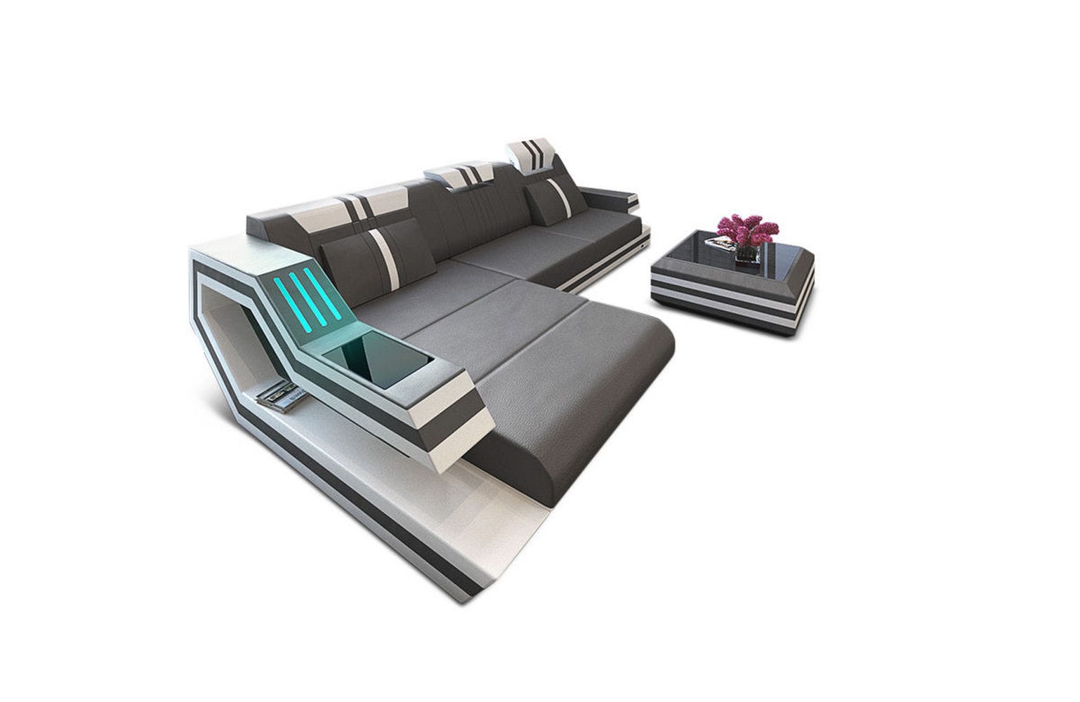 Designersofa Leder Ravenna L-Form mit LED grau-weiß