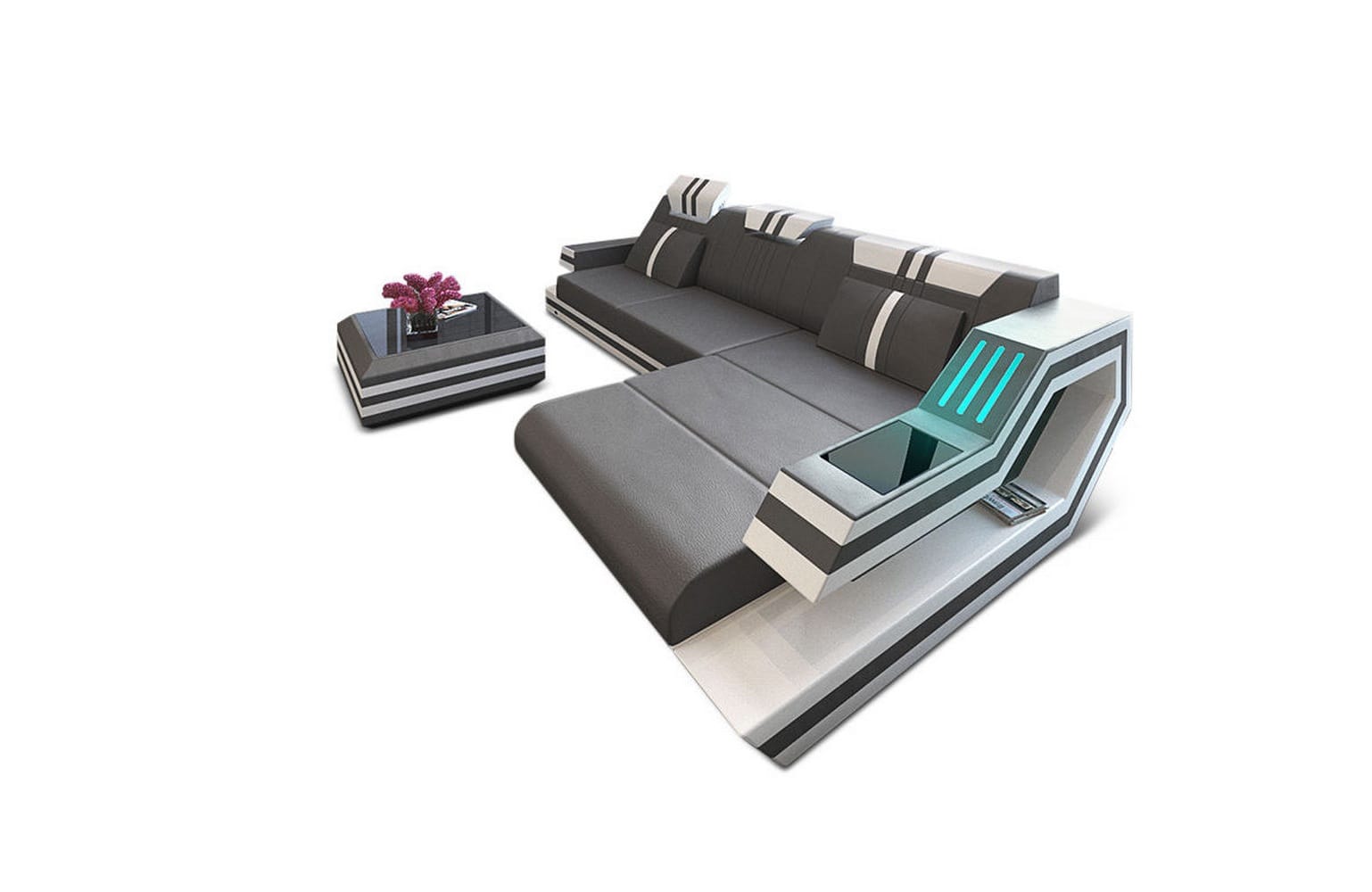 Designersofa Leder Ravenna L-Form mit LED grau-weiß