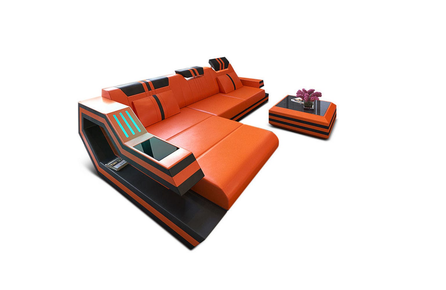 Designersofa Leder Ravenna L-Form mit LED orange-schwarz