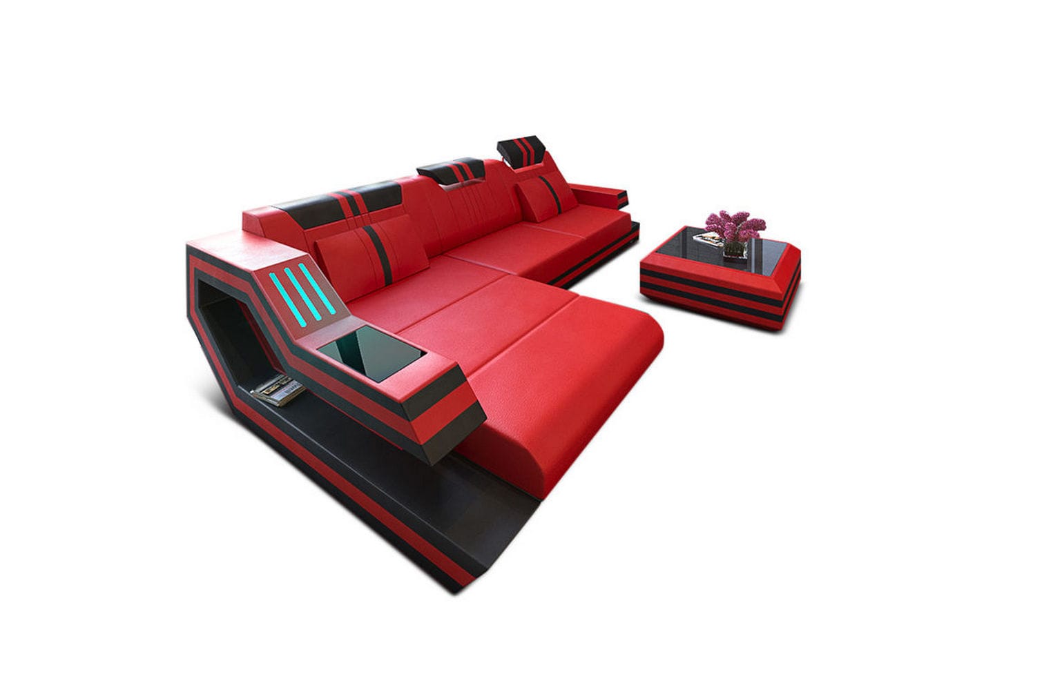 Designersofa Leder Ravenna L-Form mit LED rot-schwarz