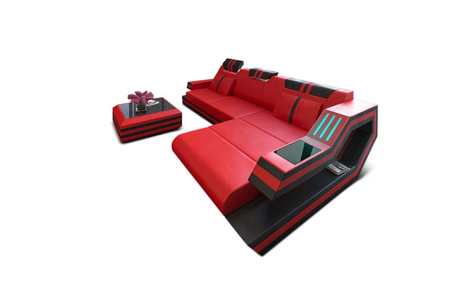 Designersofa Leder Ravenna L-Form mit LED rot-schwarz