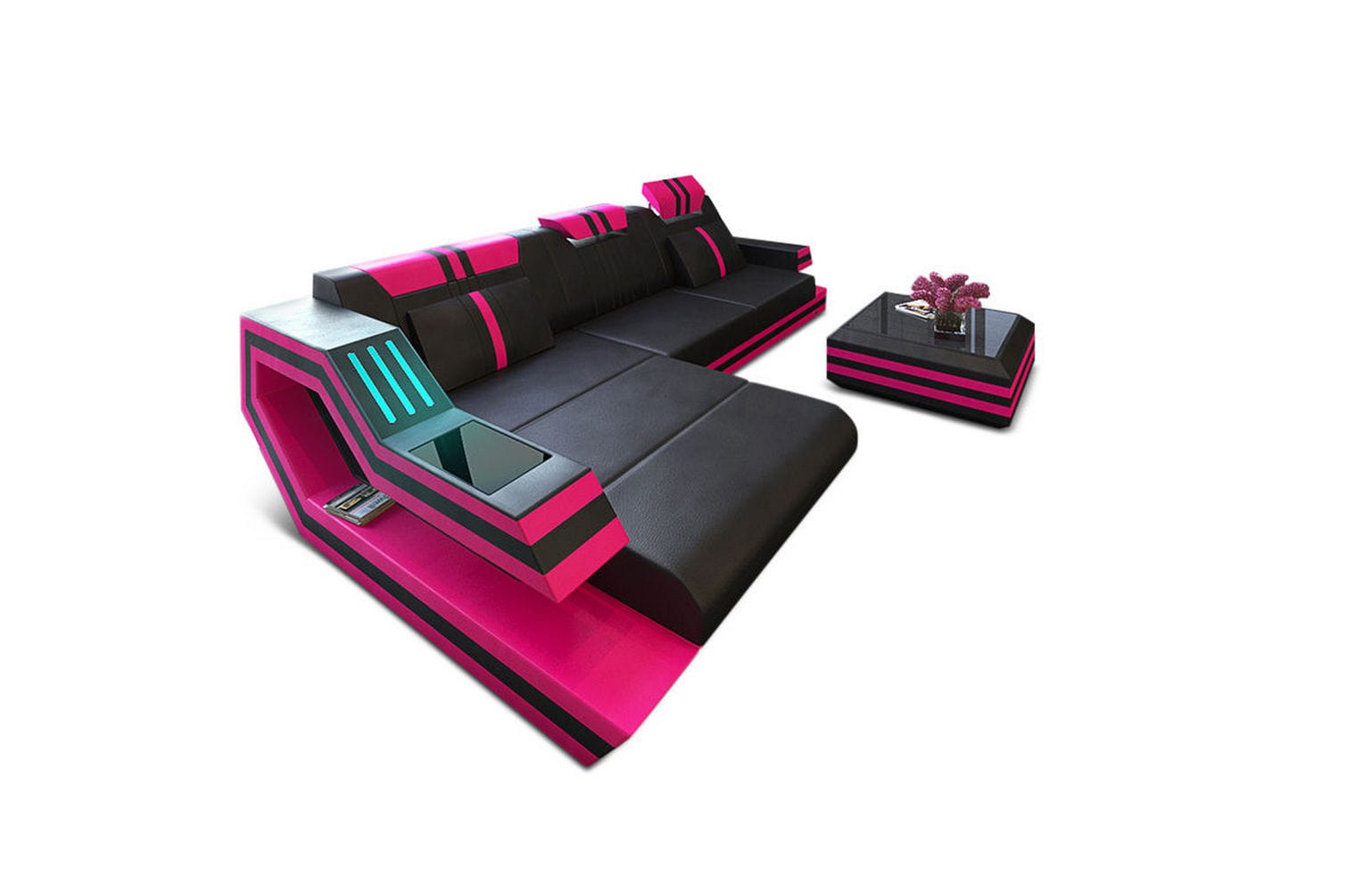 Designersofa Leder Ravenna L-Form mit LED schwarz-pink
