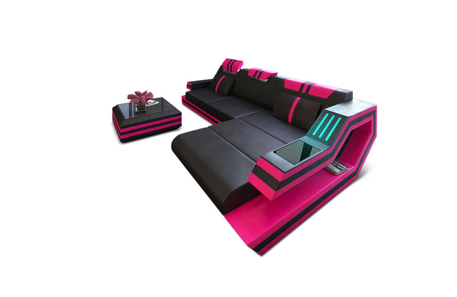 Designersofa Leder Ravenna L-Form mit LED schwarz-pink