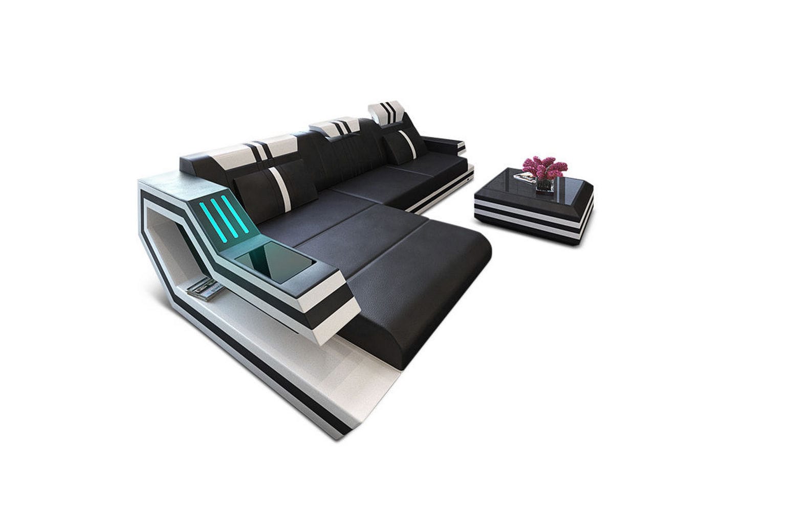Designersofa Leder Ravenna L-Form mit LED schwarz-weiß