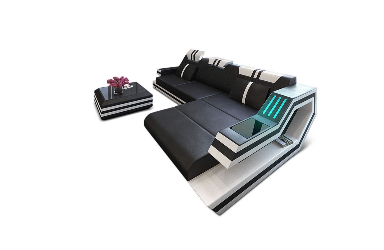 Designersofa Leder Ravenna L-Form mit LED schwarz-weiß