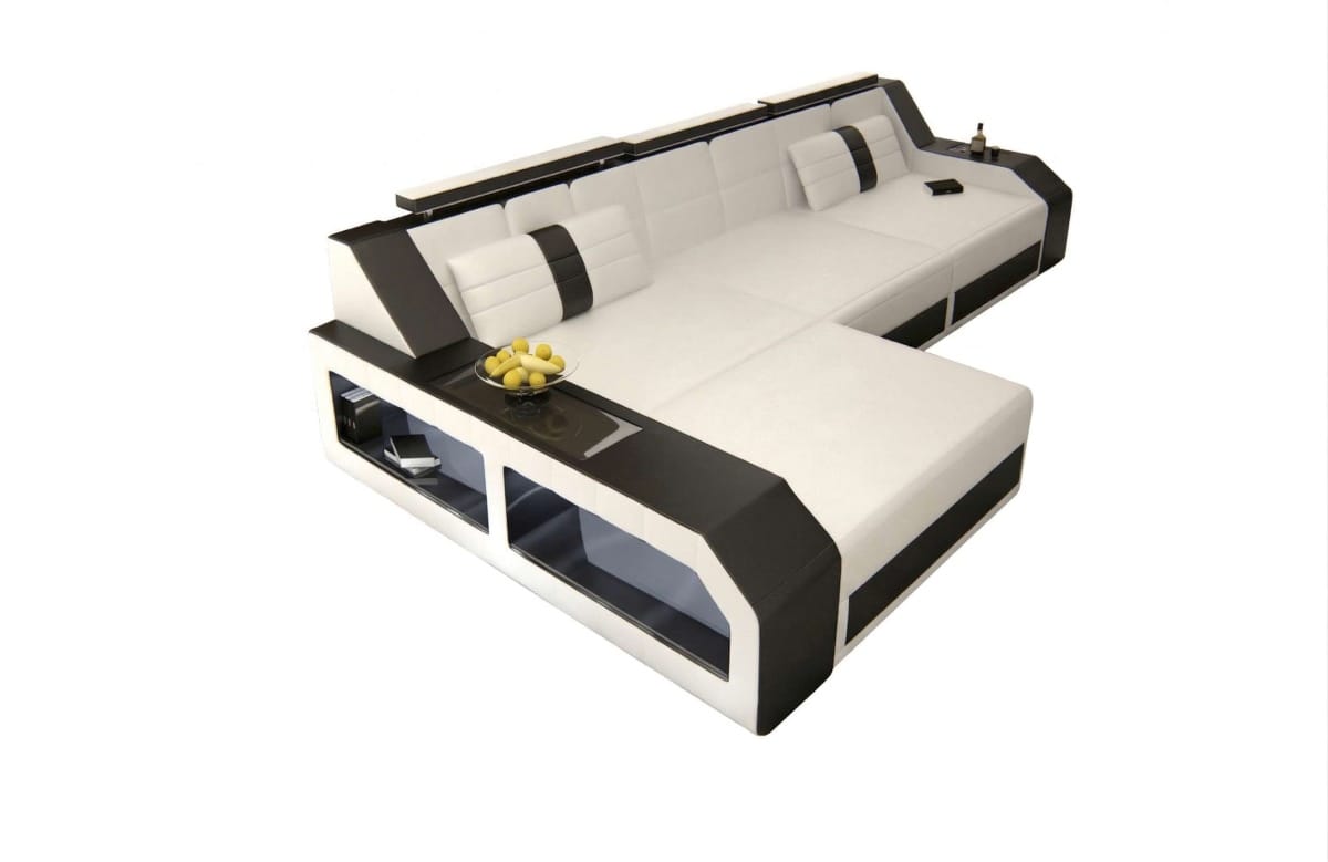 Design Ledersofa Arezzo L-Form mit LED weiß-schwarz