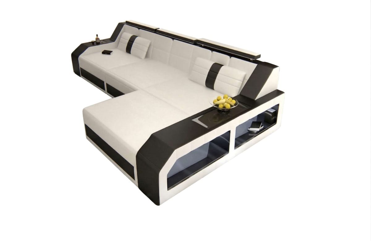 Design Ledersofa Arezzo L-Form mit LED weiß-schwarz