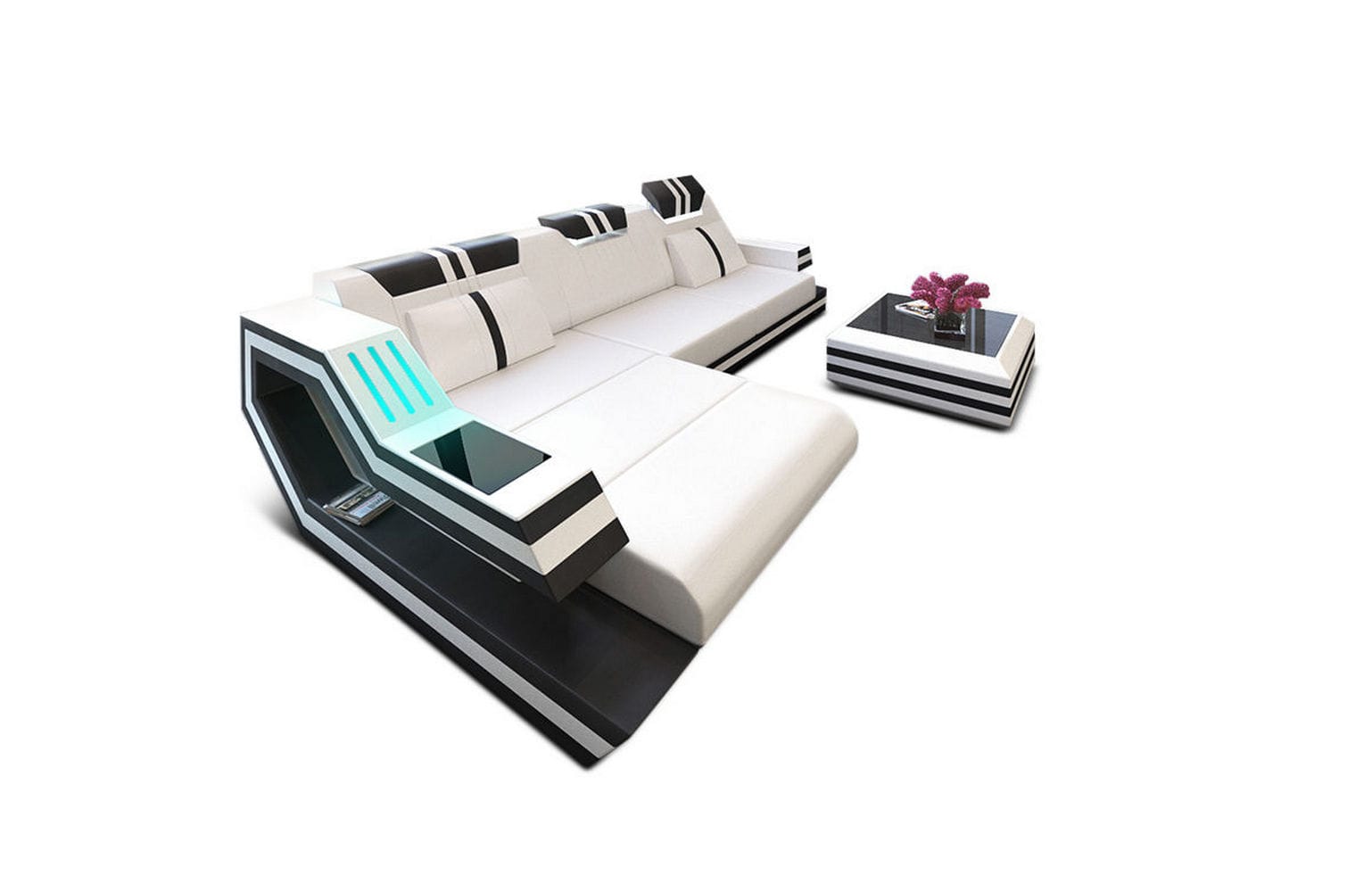 Designersofa Leder Ravenna L-Form mit LED weiß-schwarz