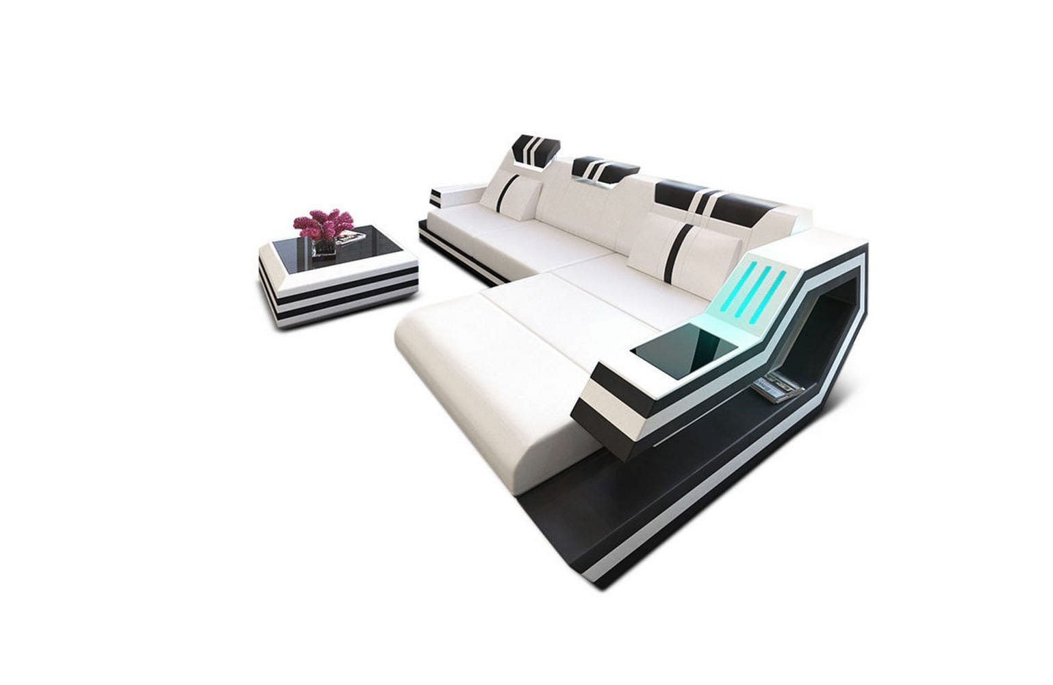 Designersofa Leder Ravenna L-Form mit LED weiß-schwarz