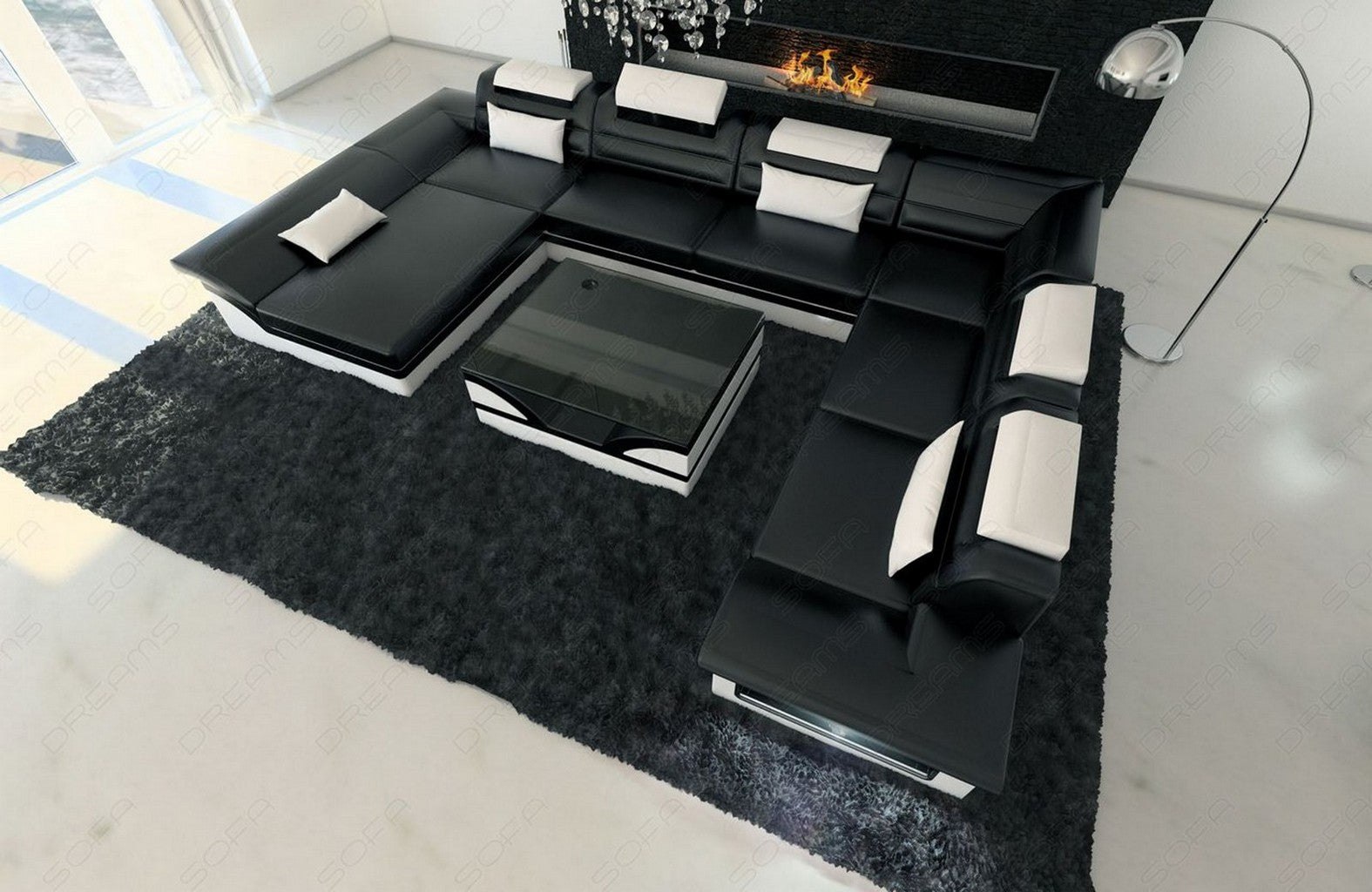 Enzo XXL Ledercouch Schwarz-Weiß mit LED