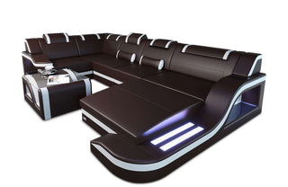 Mini Design Wohnlandschaft Palermo U-Form mit LED in Kunstleder und der Farbe Dunkelbraun und Weiß - Ausrichtung rechts