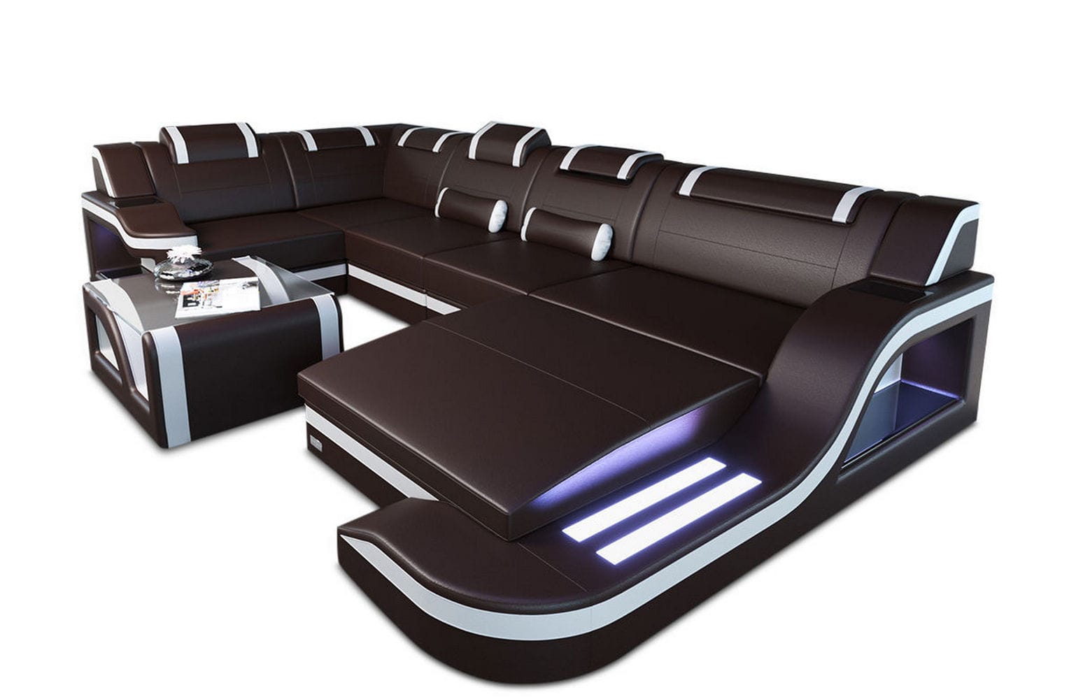 Design Wohnlandschaft Palermo U-Form mit LED dunkelbraun-weiß