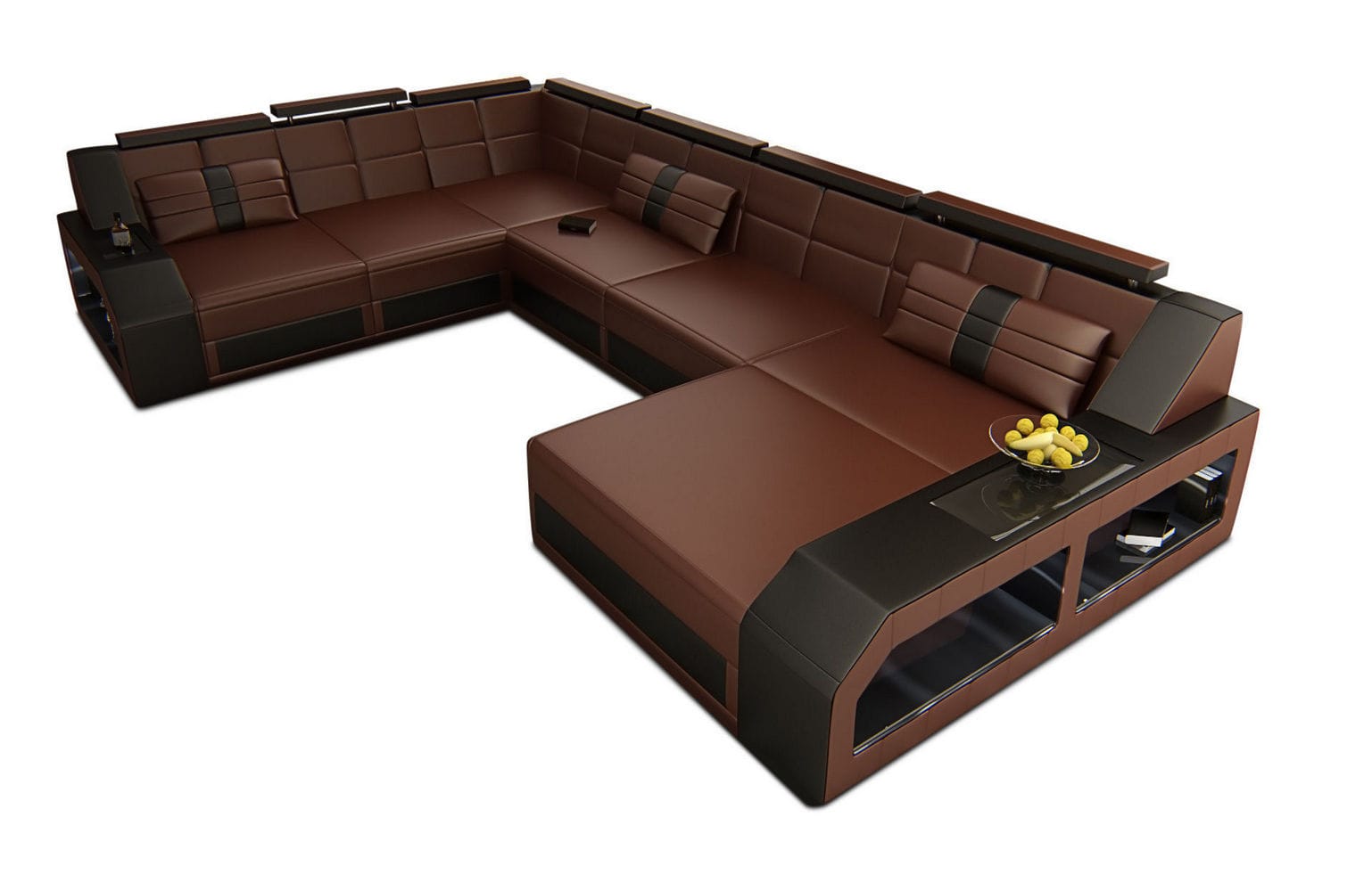 XXL Wohnlandschaft Matera U-Form aus Leder dunkelbraun-schwarz