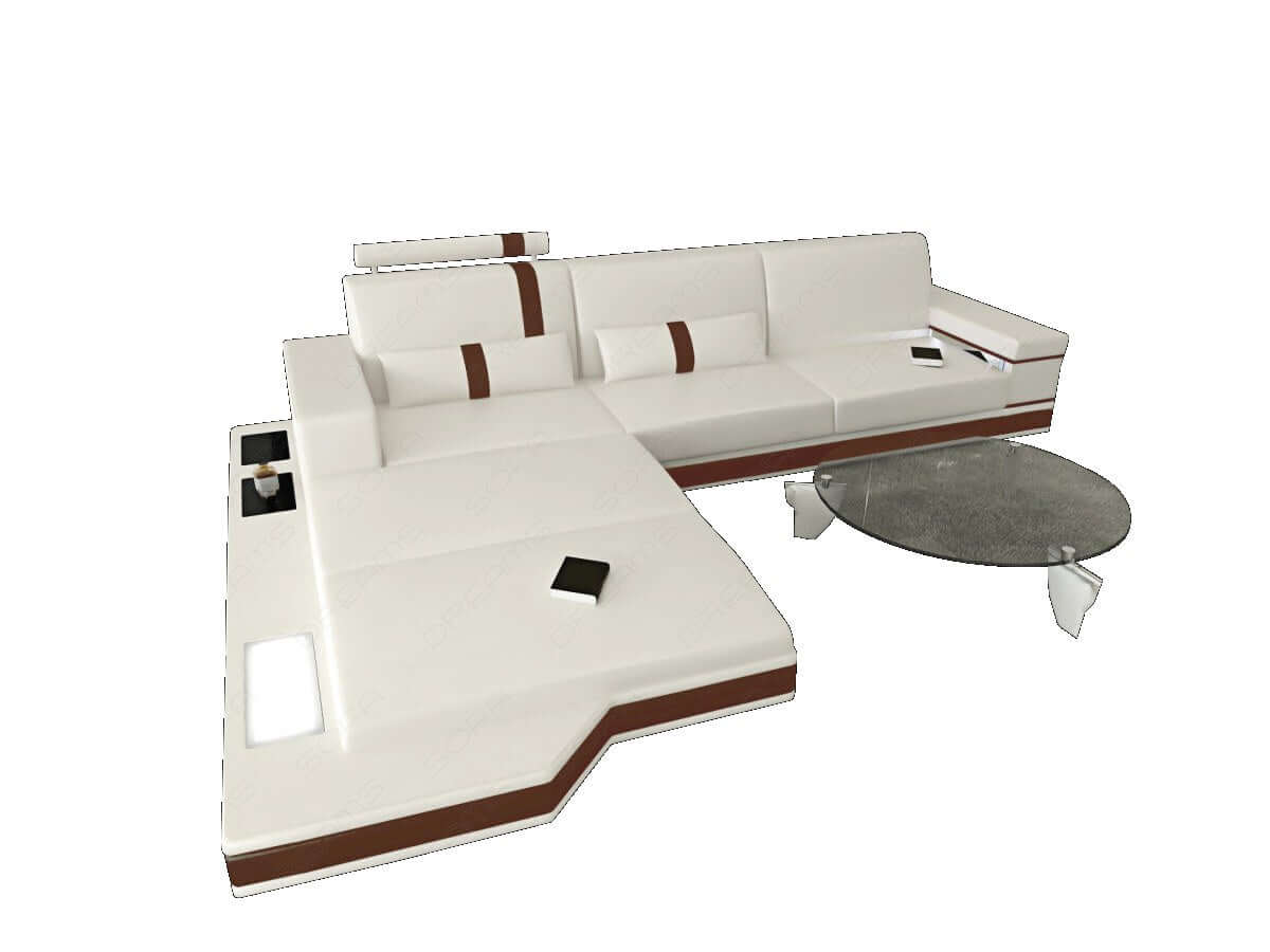 Mini Ecksofa Messana L-Form aus Leder Weiß-Dunkelbraun