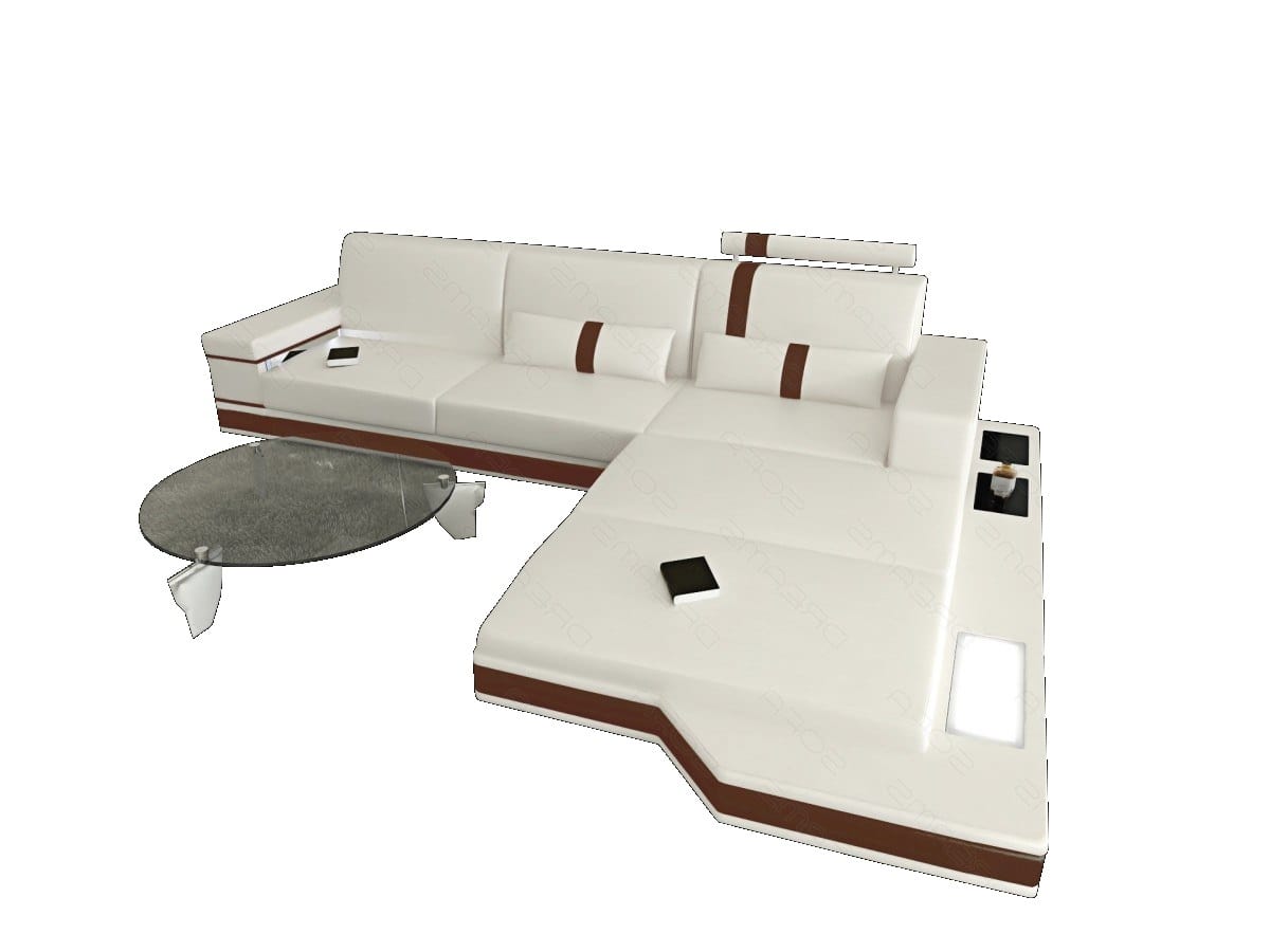Couch Messana L-Form in Leder weiß-dunkelbraun