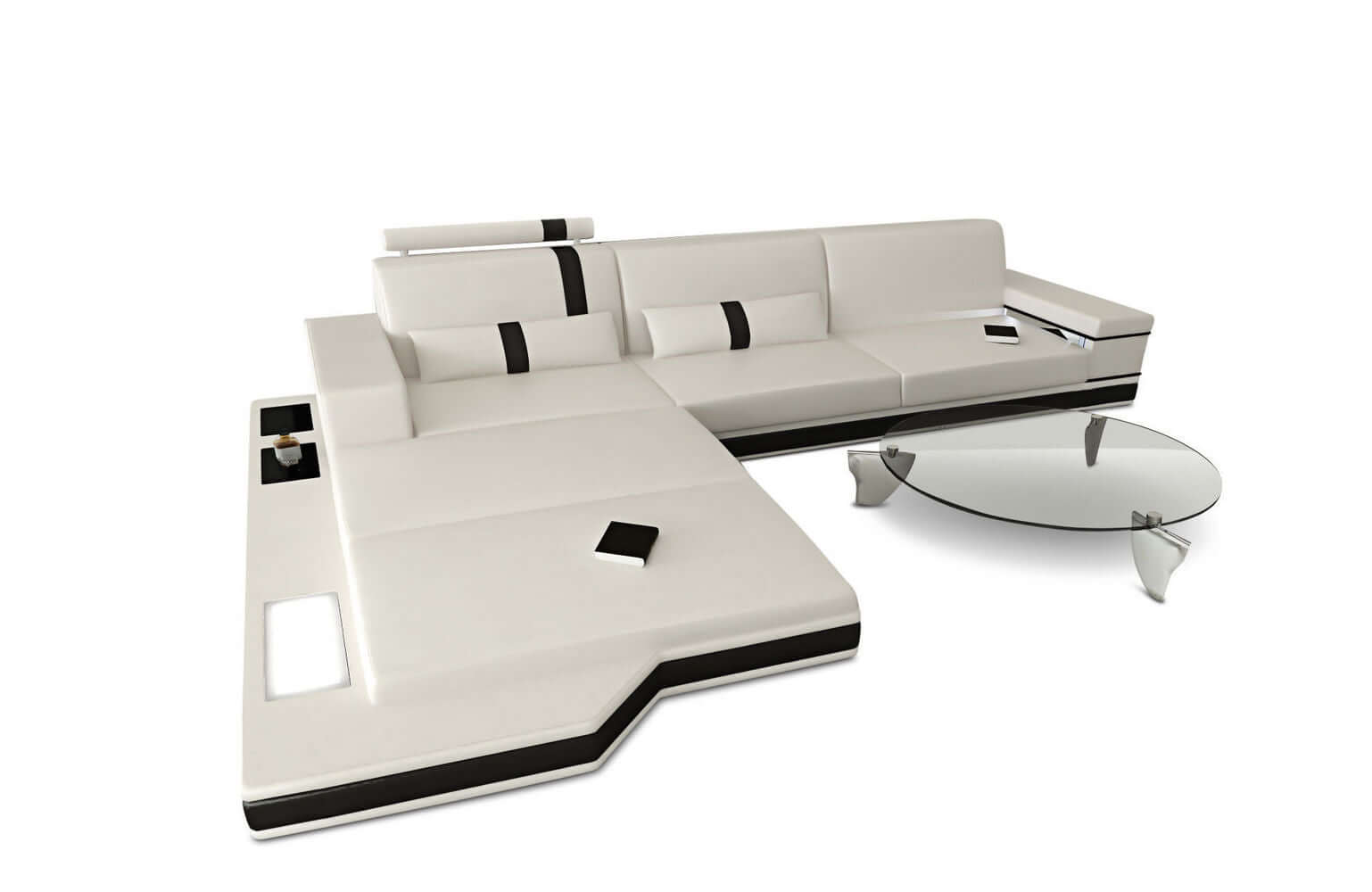 Mini Ecksofa Messana L-Form aus Leder Weiß-Schwarz