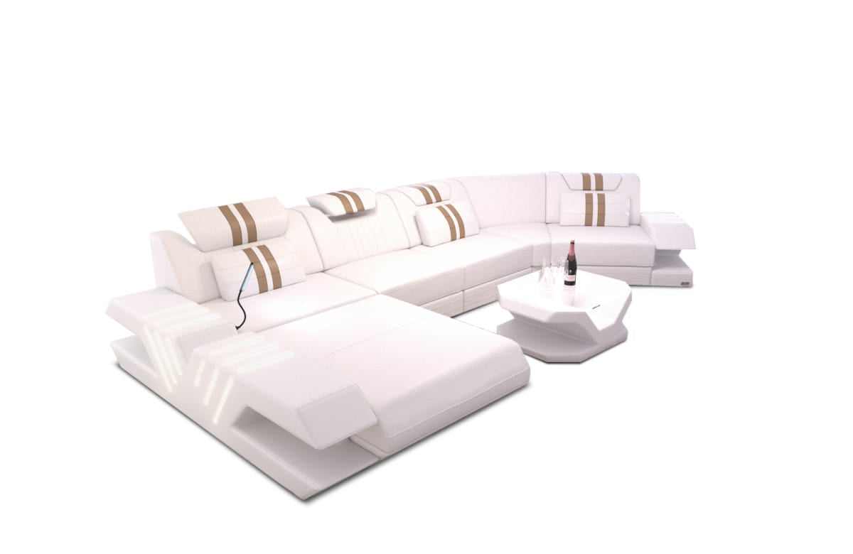 Sofa Venedig C-Form in Leder weiß-sandbeige