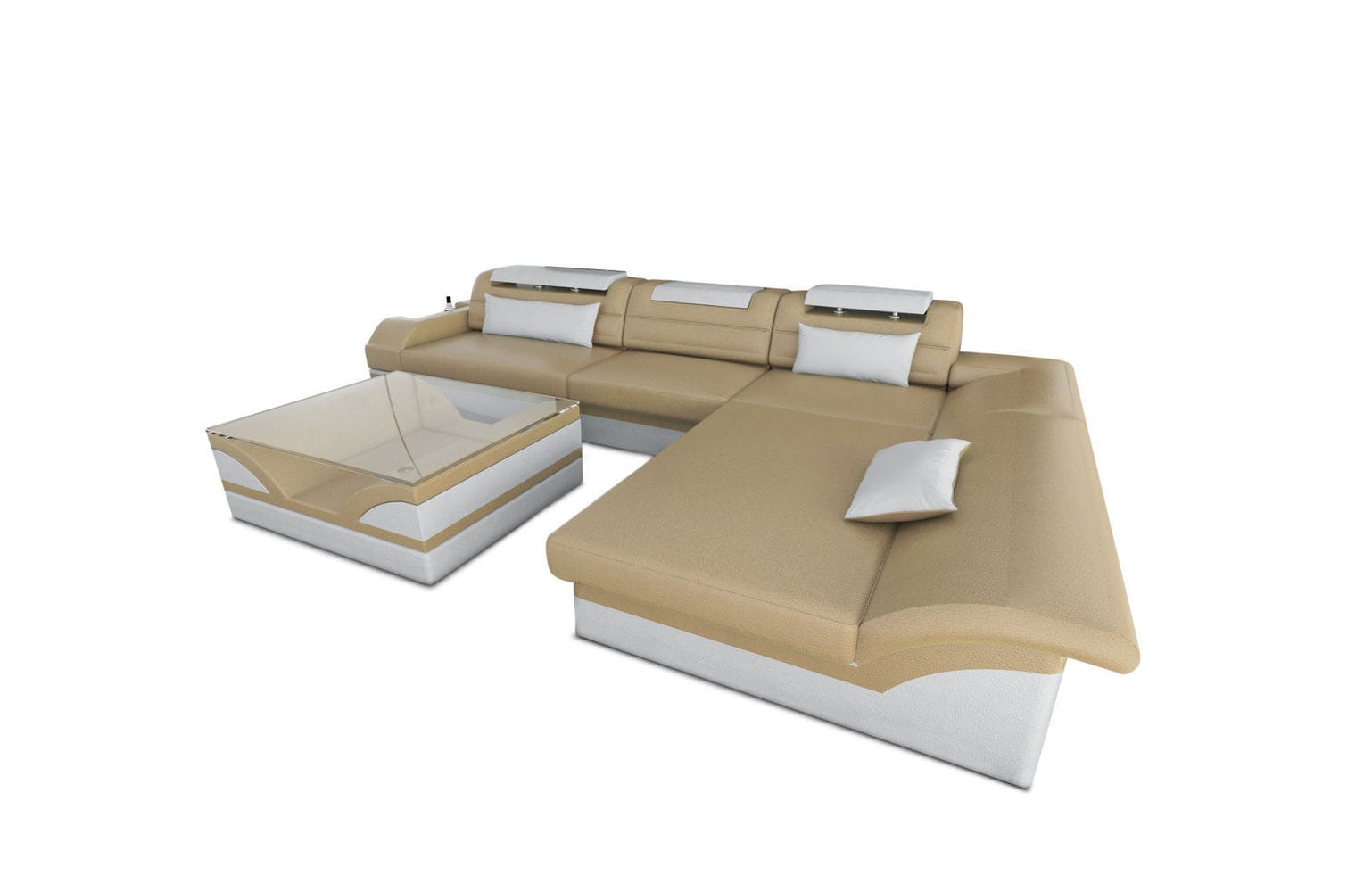Couch Monza L Form in Leder sandbeige-weiß