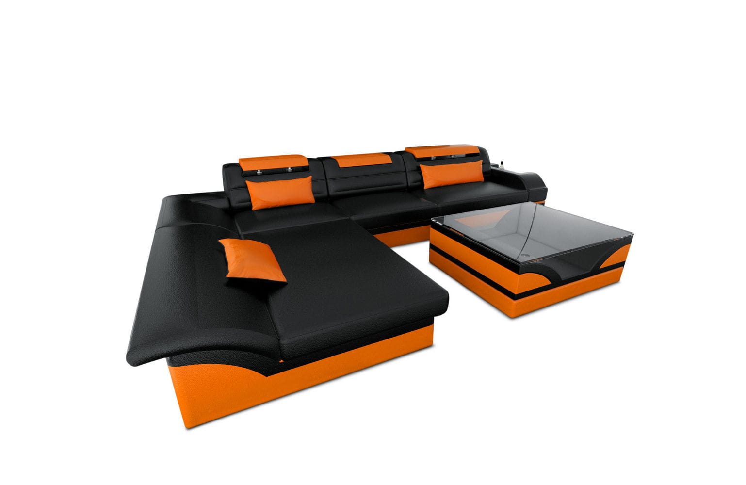Couch Monza L Form in Leder schwarz-orange